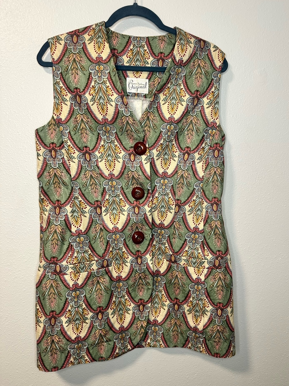 Vintage Tapestry Longline Vest Mini Dress Paisley Boho Green Button Front